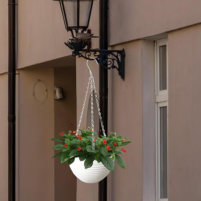 Srmayyi 4 Pack 8 inch Plastic Self Watering Hanging Planters,Round Hanging Basket Planter with Drainer and Metal Chain,White Garden Flower Plant Pot Container for Indoor Outdoor Plants