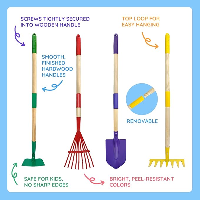 VICHTOP 9Pcs Kids Gardening Tools Set - Toys with Shovel, Rake, Hoe and Leaf Rake for Outdoor Backyard Play, STEM Educational Toys, Ideal Christmas Birthday Gifts for Toddler Boys & Girls Ages 3 4 5