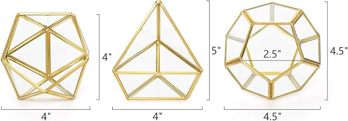 Mkono Artificial Succulent in 3 Pack Mini Glass Geometric Terrarium, Miniature Potted Faux Plant Bookshelf Desk Boho Office Room Decor for Women Girls Dorm Gift Idea, Gold
