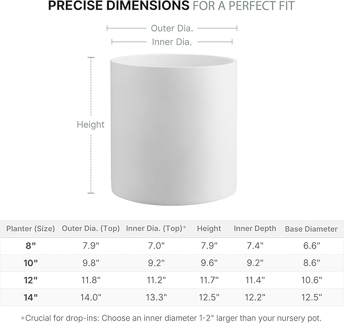 FaithLand 8 Inch Fiberstone Planter - Lightweight Modern Cylinder Plant Pot with Drainage Hole & Plug, Indoor Outdoor Use, Matte White