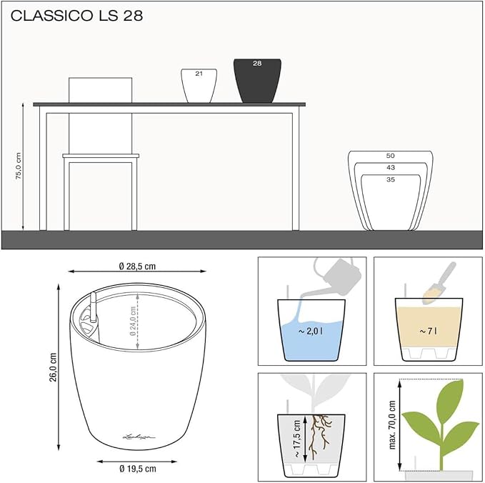 Lechuza Classico LS 28 Black High Gloss, Self-Watering Round Planter, D11 H10.2 in