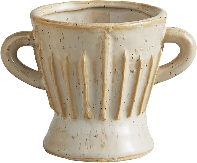 47th & Main Textured White Glazed Ceramic Planter with Handles for Flowers Small Plants Succulents and More, Small, Stripes