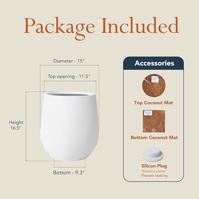 KUTE NEST 16.5" H x 15" D Premium Corso Fiberstone Round Tapered Planter with Drainage Hole, Weather Resistant for Indoor & Outdoor Use, Included 2 Extra Coco Mats (White, 11.5" Pot Opening)