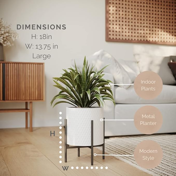 EverNest Claire Mid-Century Modern White Planter and Stand, Indoor Plant Pot, SelectBase, Minimalist Aesthetic, Home Decor for Plants - (Black Base, Large)