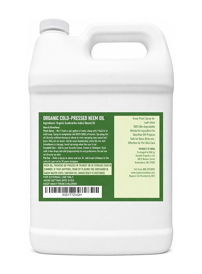 Verdana Pure Neem Oil for Plants – 1 Gallon (128 Fl Oz) – Organic, Cold Pressed, Unrefined, Non-GMO – 100% Natural Spray for Plant Leaf Shine, DIY Beauty, Soap Making – No Additives