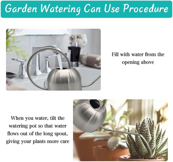 Hamiledyi 50 oz/1500 ml Stainless Steel Watering Can with Long Spout Metal Watering Can Indoor Outdoor Flower Watering Pot for Garden Orchid Bonsai Office Desk Plants (Silver)