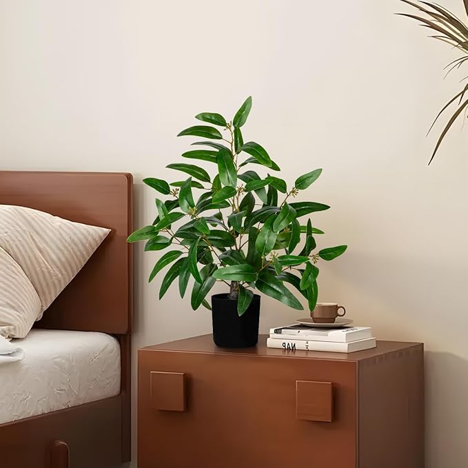 Artificial Plants Indoor with Pot, 19.7" Fake Potted Plants Eucalyptus Leaves, Silk Plant for Home Decor Indoor Plants Artificial for Home Office Bedroom Farmhouse Entry Table Shelf Decor, Deep Green