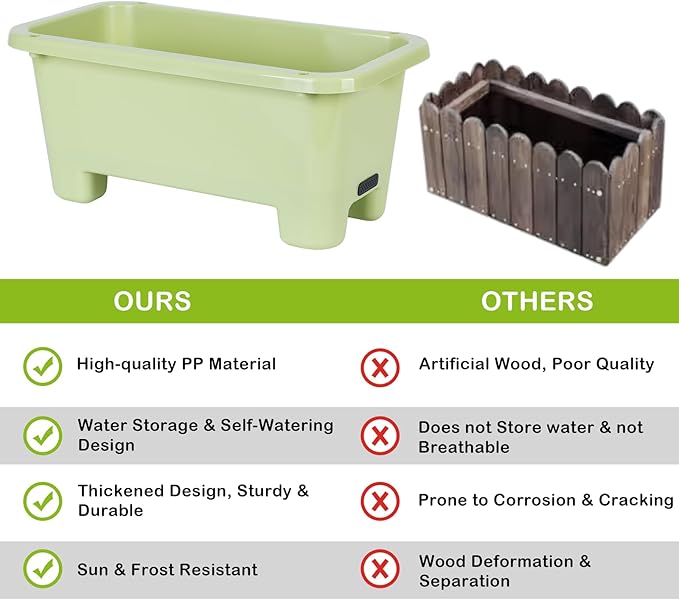 Oliz Self-Watering Rectangle Planter Boxes 8-Pack, 15.7-Inch Window Box Planter with Drainage Holes & Trays, Pots for Vegetables, Herbs, Flowers, Garden Windowsill Balcony (Light Green)