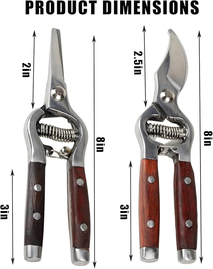 Garvee 2 Pack Garden Pruning Shears for Gardening, Wood Steel Handle Bypass Pruning Shears for Gardening, Curved Straight Garden Shears, Gardening Tools for Plants Flowers Light Branches