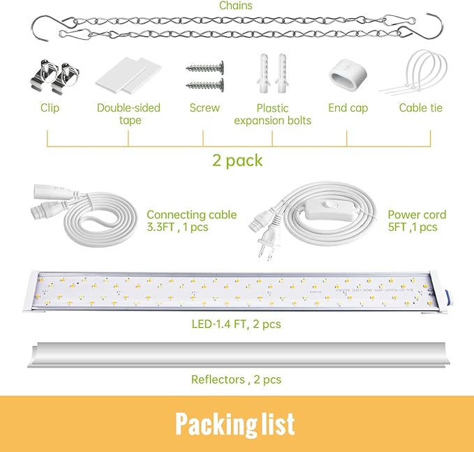 1.4FT Hanging Grow Light for Indoor Plants, Full Spectrum with 660nm Red LED, T5 2020T Light Fixture, 36W(2×18W) Grow Lamp with Reflectors for Seedling Tray, 2-Pack