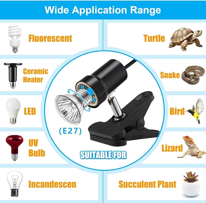 DaToo Reptile Heat Lamp Rotatable Turtle Heating Light with 50W UVA UVB Heat Bulb Simulated Sunlight Basking Spot Lamp with Clamp for Reptiles Lizard Amphibian Bearded Dragon Snake