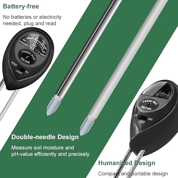 Soil Tester, Plant Meter, Light Tester, 3-in-1 Function Soil Testing Kit for Gardening, Farming, Lawn Care, Indoor and Outdoor Use