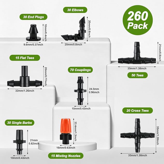 RedChili 260 Pack Drip Irrigation Fittings Kit for 1/4" Tubing, Complete Set with Drip System Barbed Connectors (Misting Nozzles, Nozzle Tees, Single Barbs, Couplings, Tees, Elbows, Plugs, Crosses)
