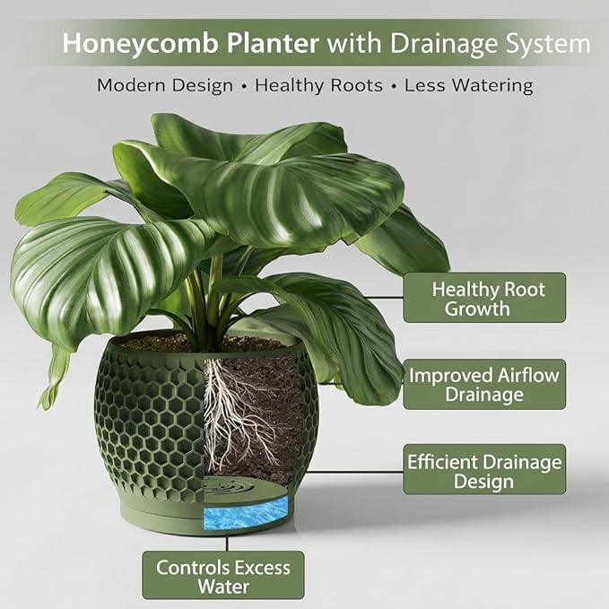 Plant Pots, Modern 3D Printed Honeycomb Planters for Indoor Plants, 4.7/6 Inch Military Green Decorative Flower Pot for Office Desktop, Bookshelf & Home Decor, Lightweight & Durable.