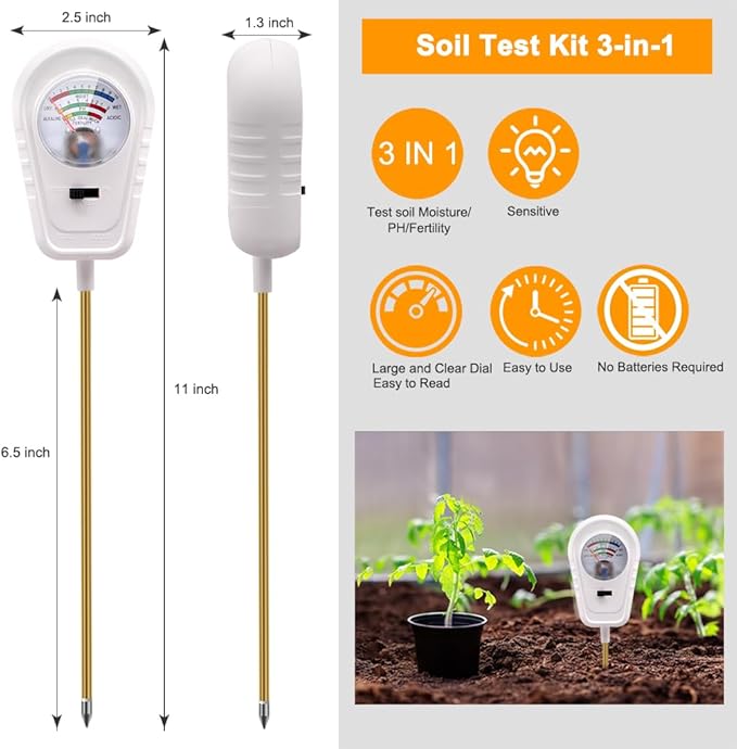 Soil Test Kit, 3-in-1 Soil PH Meter, Soil Moisture Meter, Fertility Soil Tester, Soil Tester for Garden, Farm, Lawn, Indoor & Outdoor Use