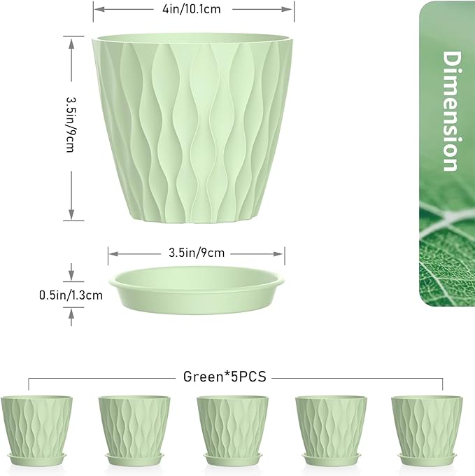 Meowell 4 inch Small Plastic Nursery Pots, 5 Pack Water Ripples Plant Pots for Indoor Plants, Flower Pots with Drainage Holes and Saucers, Seeding Starter Planters for Decorative, Green