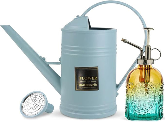 0.5 Gallon Small Watering Can for Outdoor Indoor Plants for House Plants, 12 oz Glass Plant Mister Spray Bottle for Bonsai Garden Flowers (Blue)