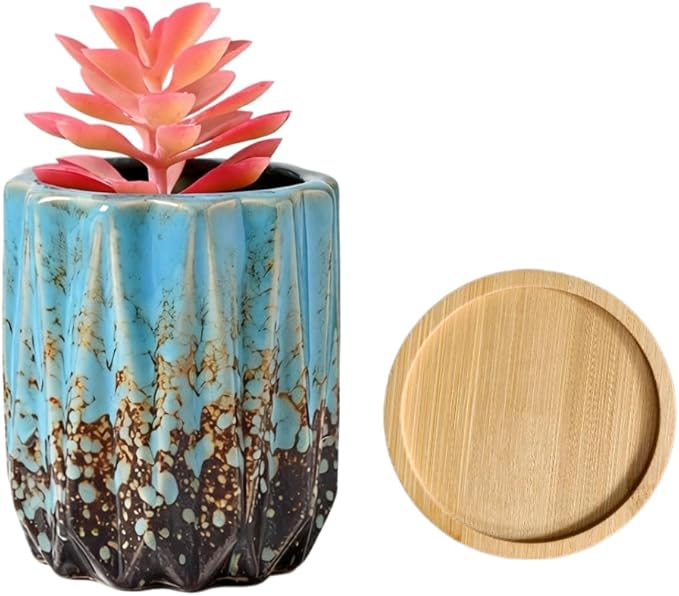 Cute Circular Ceramic Home Garden Decoration Succulent Cactus Flower Pots Container -Plant Not Included (Blue, 3.19 Inch)