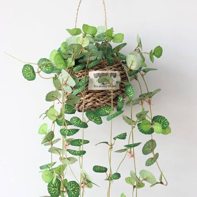Artificial Plastic Plant Vine Small Hanging Basket Ornament for Indoor Walls, Shelves, Cabinets, Kitchens, Studies, Desks, Living Rooms 3.5-Inch Basket (2pcs Leaf b)