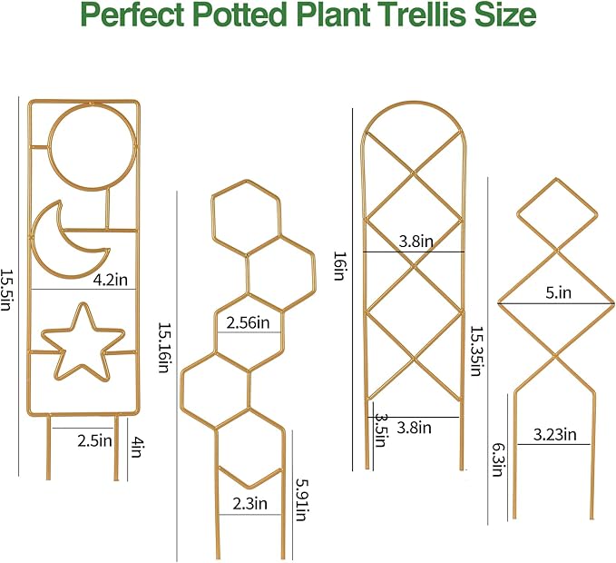 Wellsign Small Trellis for Potted Plants, 15.94 inch Gold Metal Plant Trellis for Climbing Plants Indoor, Pant Lattice for Ivy Vines Hoya Houseplants Flower 4 Pack