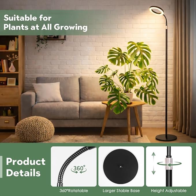 LBW Grow Light with Stand for Indoor Plants, Adjustable Height up to 68", Full Spectrum Grow Light for Large & Tall Plants, Auto Timer 6/8/12/16H, 5-Level Dimmable, 3 Lighting Modes