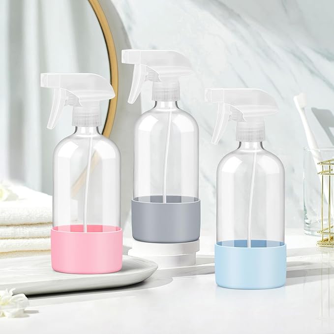 Rionisor Glass Spray Bottles with Silicone Sleeve Protection, Empty 16 oz Refillable Containers, Reusable Spray Bottles with Adjustable Nozzle for Hair, Cleaning Solutions, 3 Pack Grey&Blue&Pink