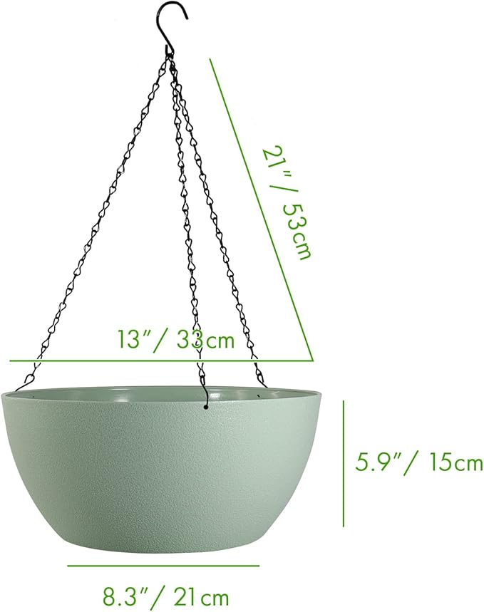 WSMKSZ 13 inch Large Hanging Planters Plant Pots for Outdoor Indoor Plants with Drainage Holes and Chain, 2 Pack Round Hanging Flower Pots for Garden Home Porch Decor, Green