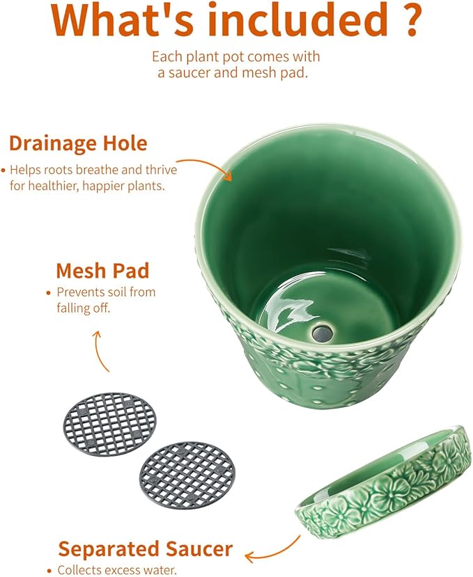 Metahom Ceramic Plant Pots, 5.8 Inch Flower Pots for Indoor Plants, Planters with Drainage Hole & Saucer, Green Planters for Succulent, Orchid, Cactus, Home Decor, Set of 4, Green