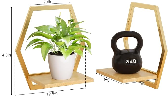 Modern Golden Hexagon Wall Planters with Solid Wood Shelves Set of 3 Geometric Floating Wall Decor for Indoor Plants, Stylish Wall Mounted Display for Succulents & Small Plants