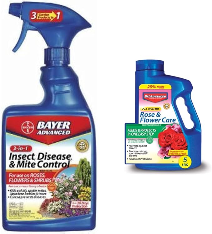 BioAdvanced 3-in-1 Insect, Disease and Mite Control, Ready-to-Use, 24 oz with BioAdvanced 2-in-1 Systemic Rose and Flower Care II, Granules, 5 lb