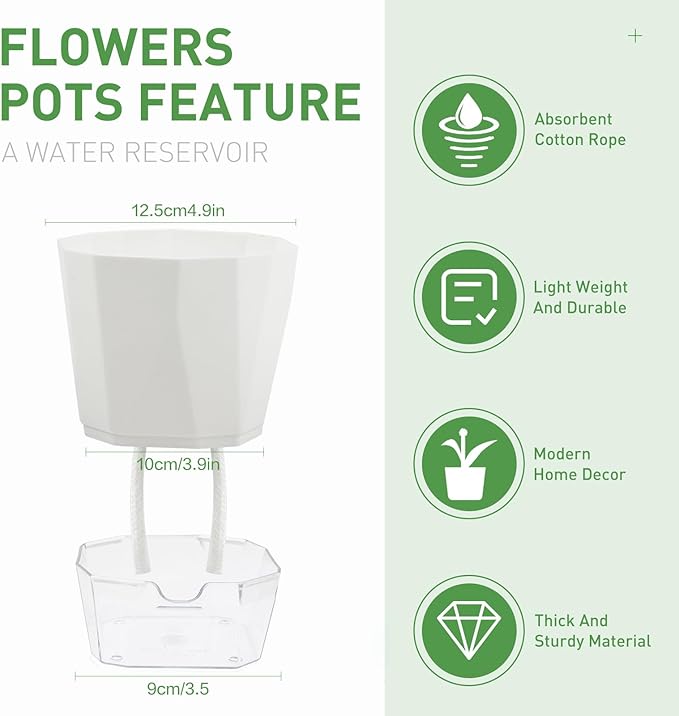 6-Pack Self Watering Planter Pots, 5 Inch Plastic Planters with Drainage Holes, Cotton Rope and Trays, Decorative Flower Pots for Indoor Outdoor Garden Plants (White)