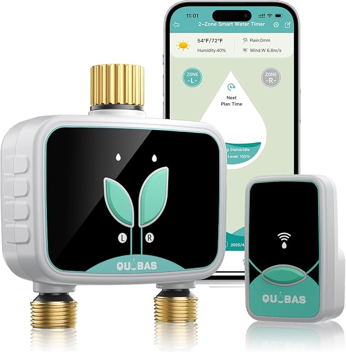 QUOBAS Smart WiFi Water Timer for Garden Hose, 2 Zone Brass Sprinkler Timer with App Control & Rain Delay/Auto/Manual 3 Modes for Drip Irrigation, Pool & Lawn, Battery Powered