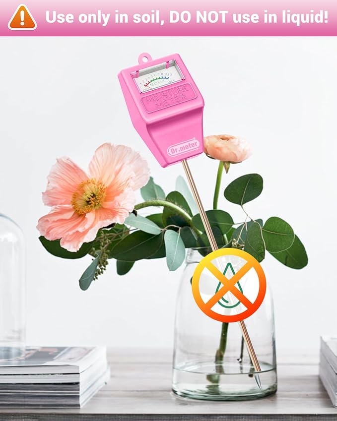 Dr.meter Soil Moisture Meter Tester for Plants, Hygrometer Moisture Sensor for Houseplants Indoor Outdoor Garden Lawn Use - Plant Water Meter Gauge Test Kit, No Battery Needed - Gardening Gifts, Pink