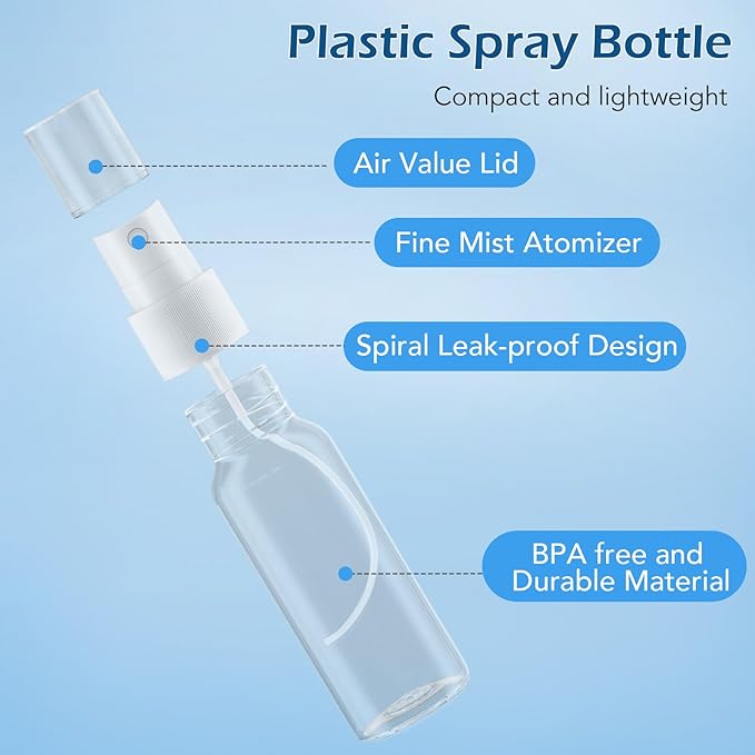 Zoizocp Spray Bottles, 1oz/30ml Clear Empty Fine Mist Plastic Mini Travel Bottle Set, Small Refillable Liquid Containers with 2pcs Funnels and 24pcs Labels (12 Pack)