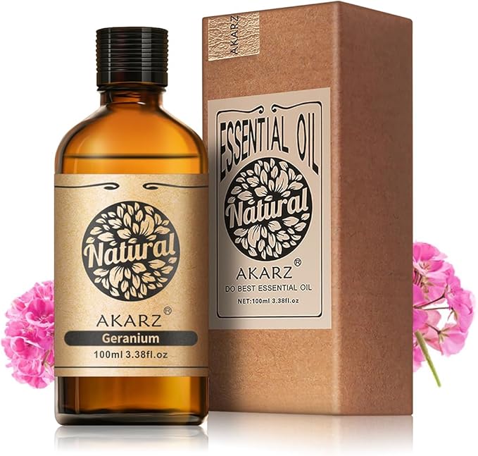 AKARZ 100ml Geranium Essential Oil Natural Geranium Oil Pure for Candle Making,DIY Skincare Products Massage,Home Spa Relaxation