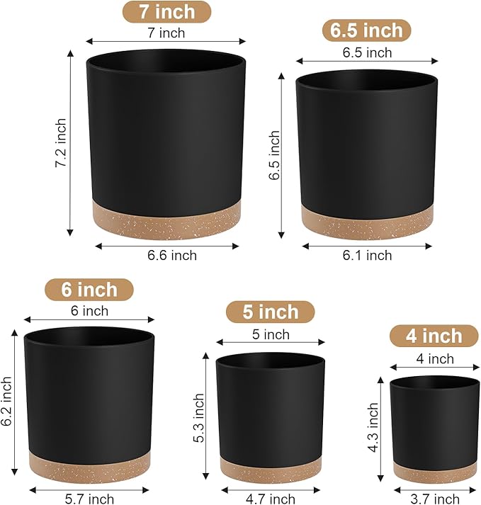 YNNICO Plant Pots with Drainage Holes and Saucers – 7, 6.5, 6, 5, 4 Inch Plastic Planters for Indoor Outdoor Plants, Modern Matte Finish, Lightweight & Durable（Black）