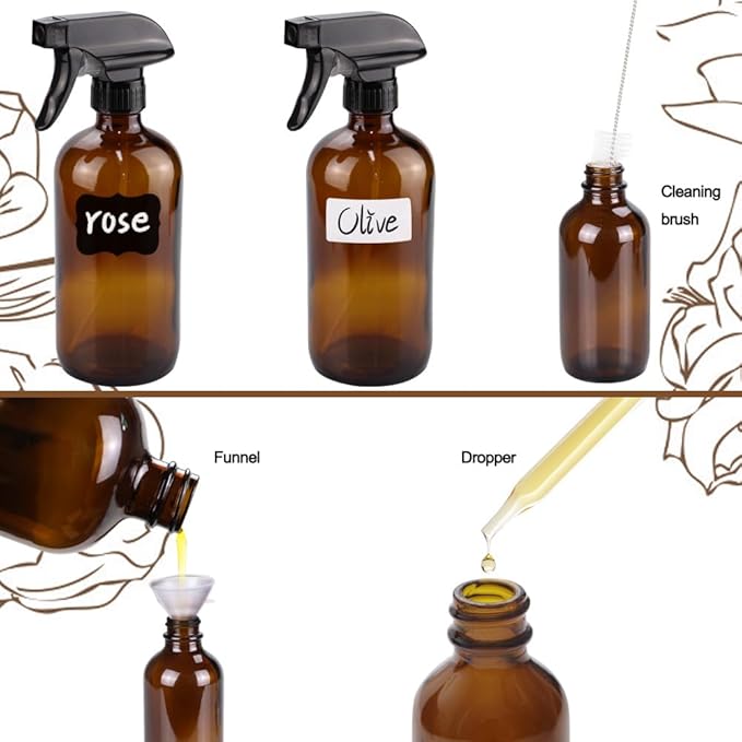 Loretoy Glass Spray Bottle Kit×10 (2×16oz, 2×4oz, 6×2oz), 9×10ml Roller Bottles, Anti UV, Multi Size and Versatile, Suitable for Aromatherapy, Facial Moisturizing, Watering, etc.(Amber)
