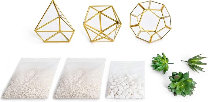 Mkono Artificial Succulent in 3 Pack Mini Glass Geometric Terrarium, Miniature Potted Faux Plant Bookshelf Desk Boho Office Room Decor for Women Girls Dorm Gift Idea, Gold