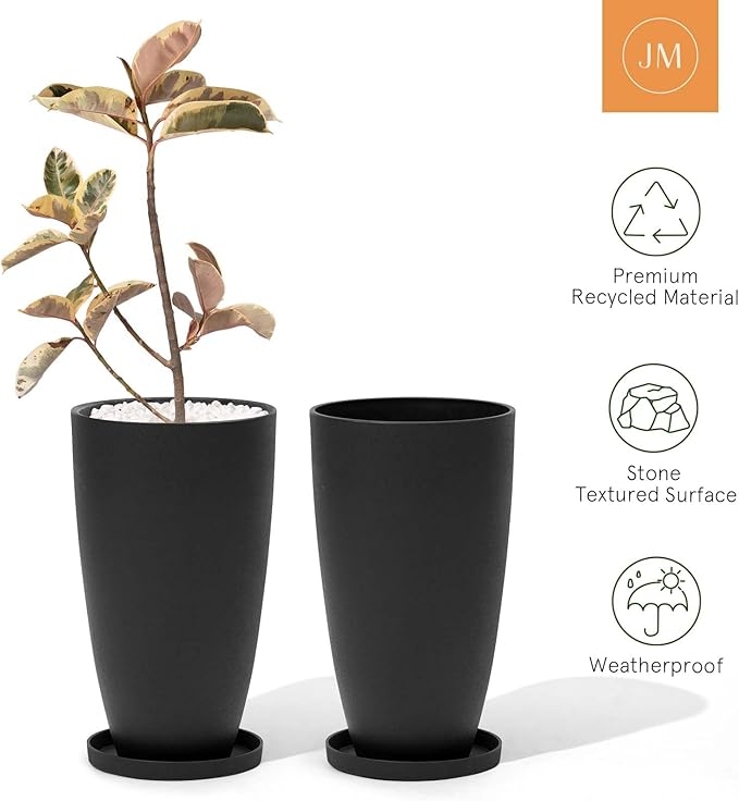 LA JOLIE MUSE 20inch Tall Planters Set of 2,Black Indoor/Outdoor Planters with Trays,Tree Plant Pots for Front Door,Patio and Deck