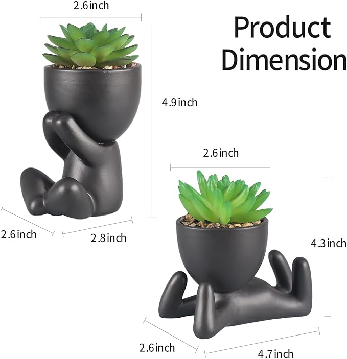 2 Pcs Succulent Artificial Plants Indoor Fake Plants for Office Desk Bathroom Bedroom Room Aesthetic Decor Accessories with Cute Creative Humanoid Ceramic Planter