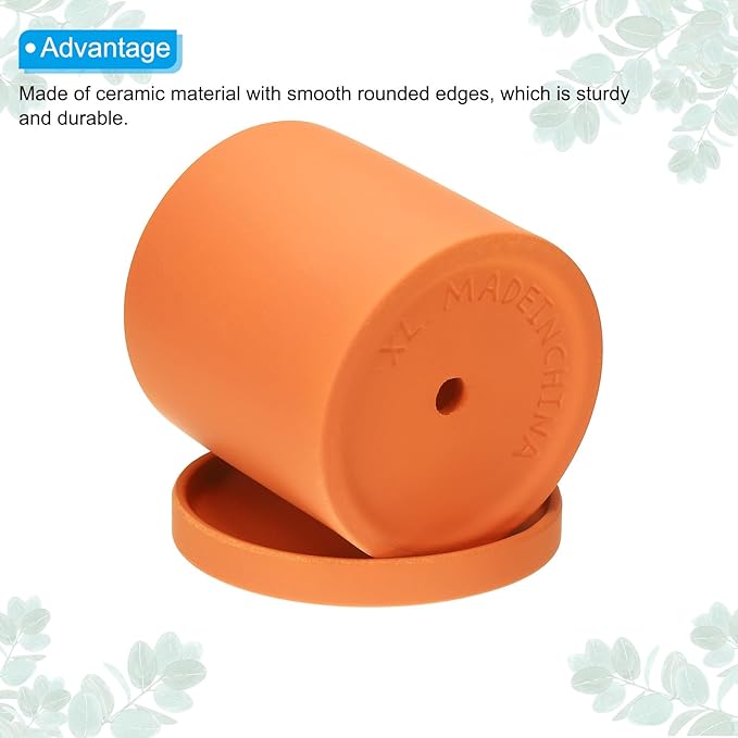 PATIKIL 4.3 Inch Ceramic Plant Pots, 2 Pack Modern Flower Planters with Drainage Holes and Tray for Decorate Home Indoor Plants Succulent Herb, Orange