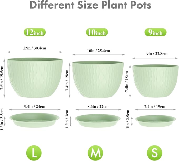 Meowell Large Flower Pots 12/10/9 inch, 3 Set Wide Plant Pots for Outdoor Indoor Plants with Water Ripples, Big Plastic Planters with Drainage Holes and Saucers for Garden House Plants, Green
