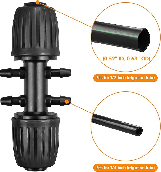 Drip Irrigation Fittings for 1/2 Inch to 1/4 Inch Tubing Reducing Tee, 12 Pcs 1/2'' to 1/4" Drip Line Anti-Drop Locked Nut Barbed Reducer 6 Way Tee Connectors & 12 Pcs End Caps for Drip Systems
