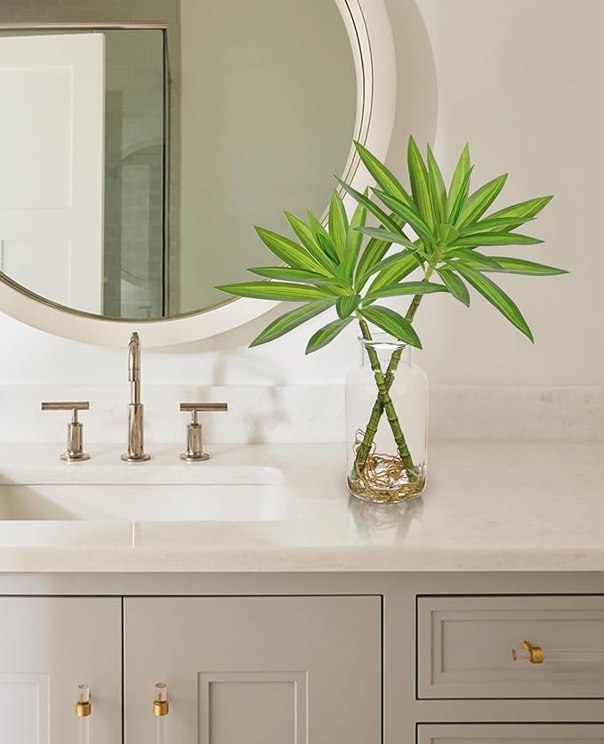 Artificial Plants Stems in Glass Vase with Faux Water,Fake Silk Plant Dracaena Leaves for Centerpiece Table Decorations Farmhouse Wedding Home Greenery Decor (Green)