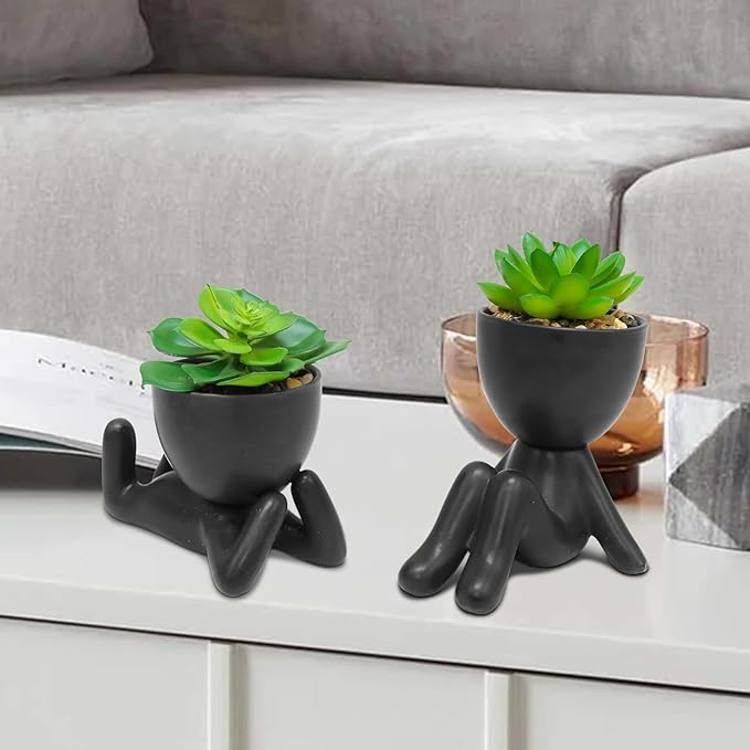 Zerzsy 2PCS Cute Artificial Succulent Plants with Black Human Shaped Pots, Fake Succulents Desk Decor Plant, Mini Potted Planter for Office Decor Desktop Bathroom Decor