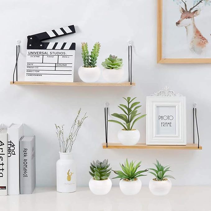 GREENTIME 6 Pcs Mini Artificial Succulents Plants in Ceramic Pots Small Fake Succulent Faux Plant Indoor Decor Bedroom Desk Bathroom Office Living Room Table Shelf Home Decoration Green White