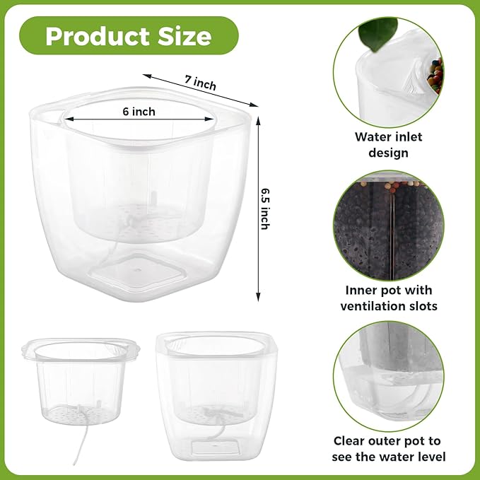 3-Pack Clear Self Watering Planters for Indoor Plants 7" Large African Violet Plant Pots Plastic Wick Flower Pots with Water Injection Hole, Orchid Plant Pot Set, Clear