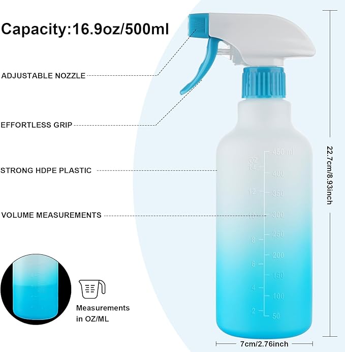 Spray Bottles 16.9oz HDPE Spray Bottle for Hair Mist/Stream Empty Heavy Duty Refillable Containers for Cleaning Solutions, Plants, Vinegar 2 Pack (Blue, 16.9oz)