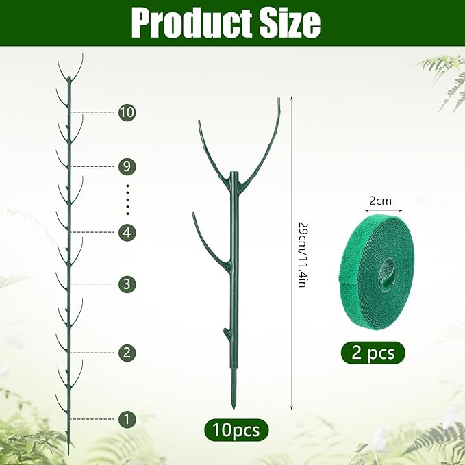 10 Pack Stackable Plant Support Stakes for Indoor Outdoor Plants, Pothos Plant Climber Support Structures with 2 Rolls Hook and Loop for Vine Training Stem Stabilization