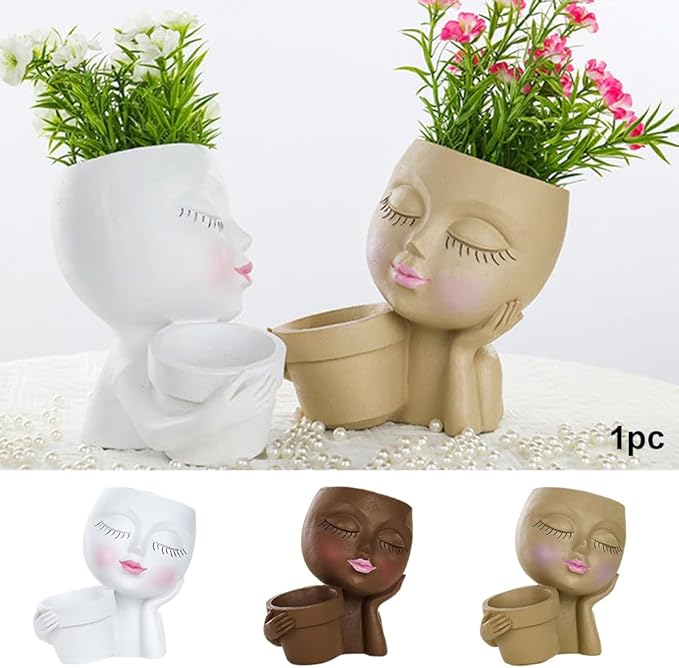 Lady Face Resin Planter Pot - Dual Planting Spaces & Drainage Holes, Indoor/Outdoor Decor for Succulents/Cactus - Unique Gift for Plant Lovers (White)